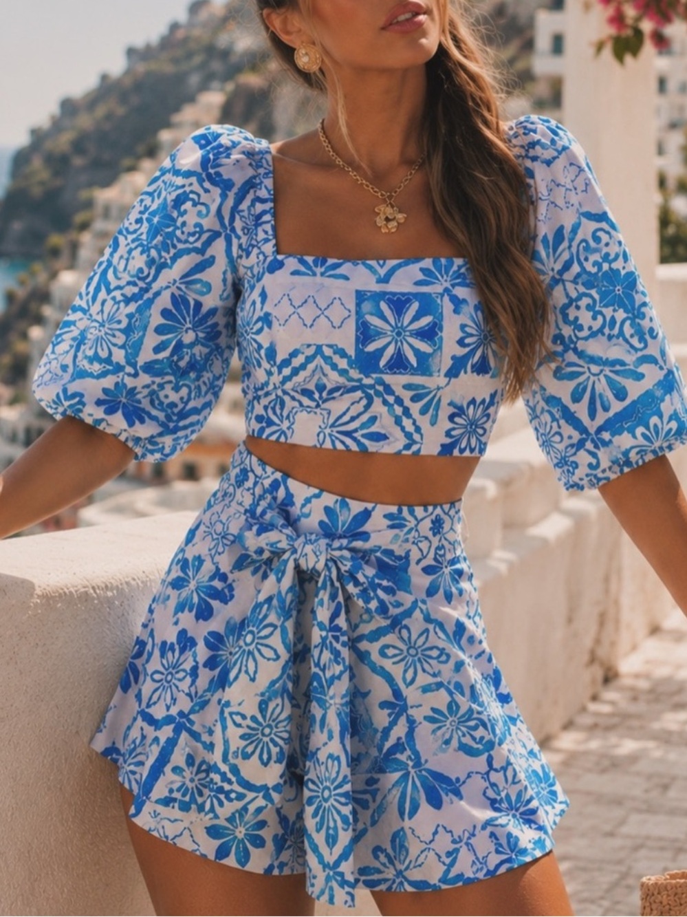 Blue Tile-Print Crop Top